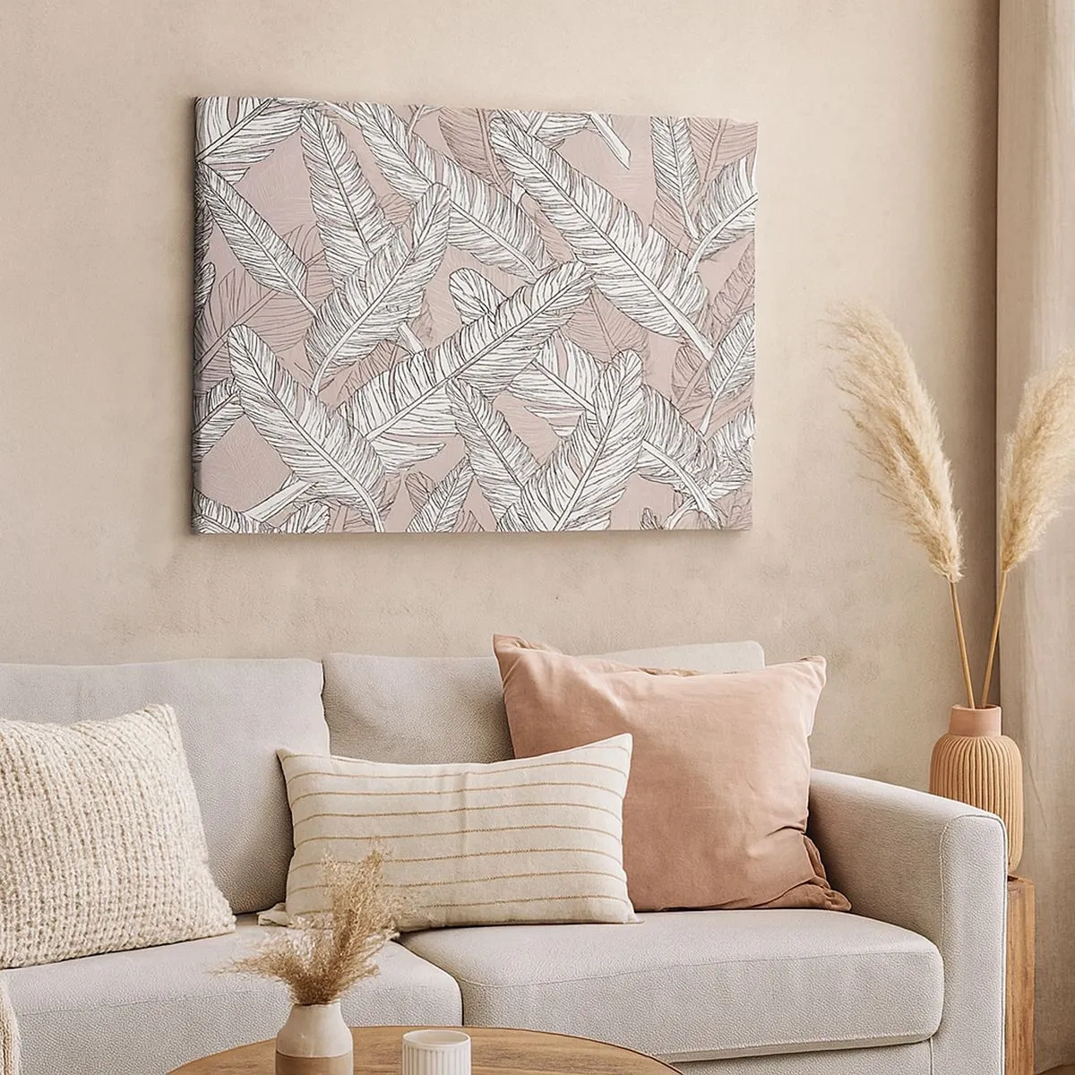 Impression sur toile - Image sur toile - Motif noir et blanc avec des feuilles de bananier sur un fond clair - 70x50cm - Un tourbillon de plumes - Décoration murale moderne pour le salon et la chambre ARTTOR