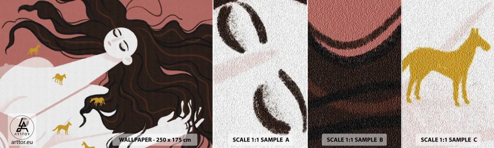 Échantillon de Papier Peint Autocollant Deluxe Sticker - Rêve d'un cheval d'or - Femme, Portrait, Minimalisme - 100x30 cm