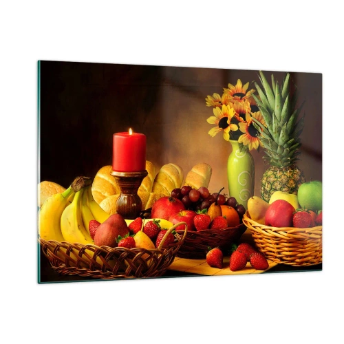 Impression sur verre - Image sur verre - Une composition de fruits, de pain et d'une bougie dans un style rustique - 120x80cm - Nature morte de pain et de fruits - Décoration murale moderne pour le salon et la chambre ARTTOR