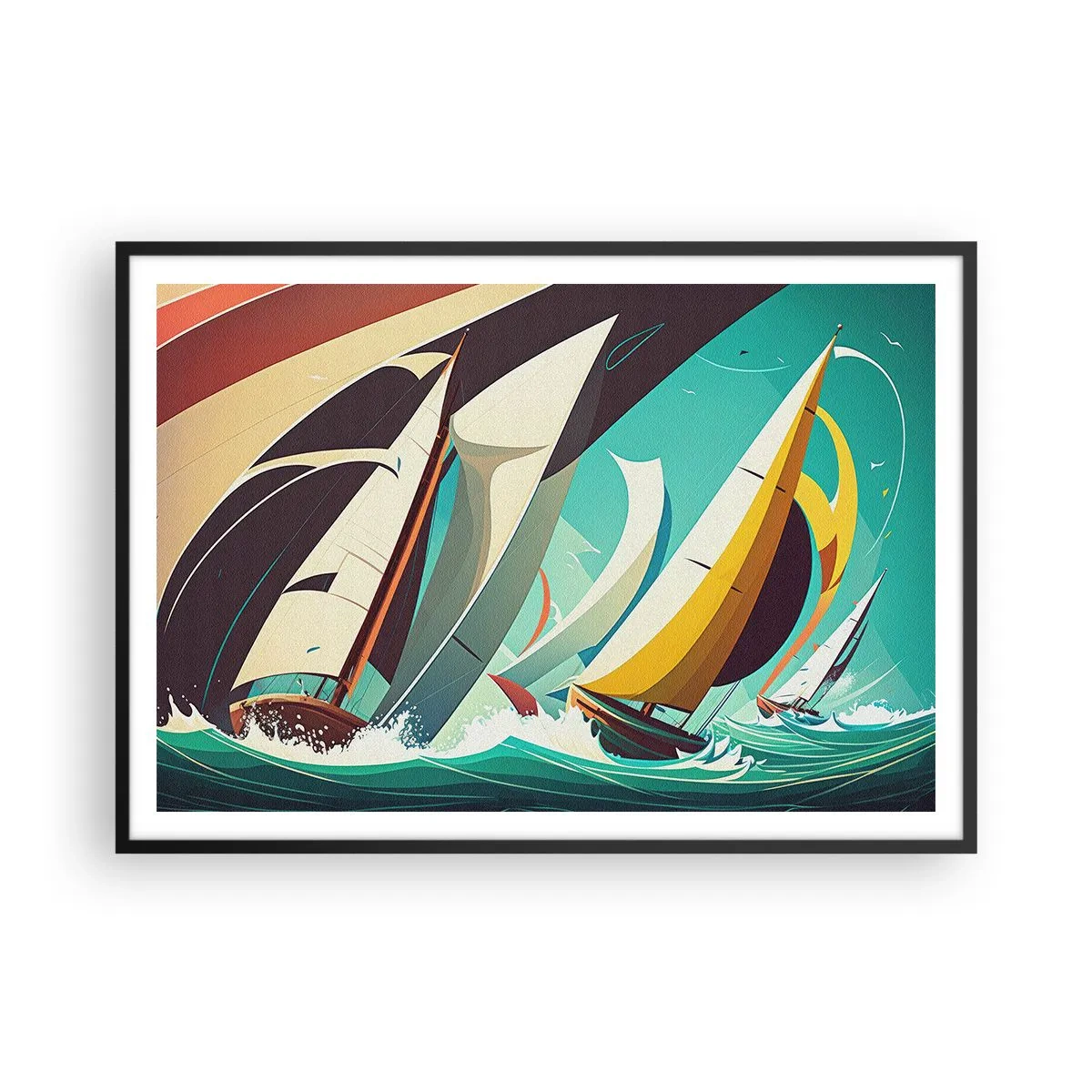 Affiche dans un cadre noir - Poster - Une illustration dynamique de voiliers dans une mer agitée. - 100x70cm - Bonne chance avec les éléments - Décoration murale moderne pour le salon et la chambre ARTTOR