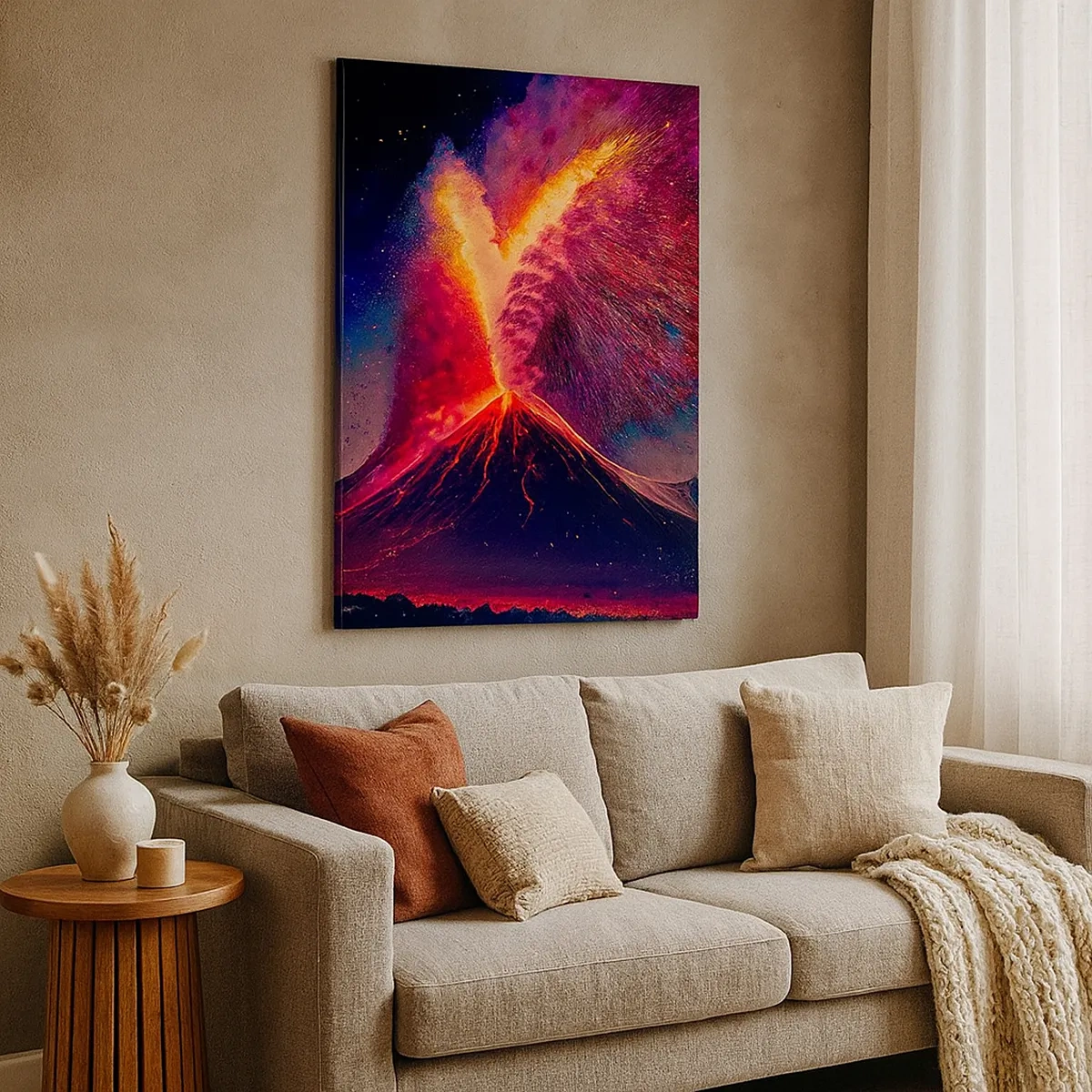 Impression sur toile - Image sur toile - Une éruption volcanique unique la nuit avec des couleurs dynamiques. - 50x70cm - Beauté et horreur - Décoration murale moderne pour le salon et la chambre ARTTOR