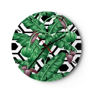 Horloge murale - Pendule murale - Feuilles de bananier tropicales sur fond géométrique - 30x30cm - Une composition symétrique par nature - Décoration murale moderne pour le salon, la cuisine et la chambre ARTTOR
