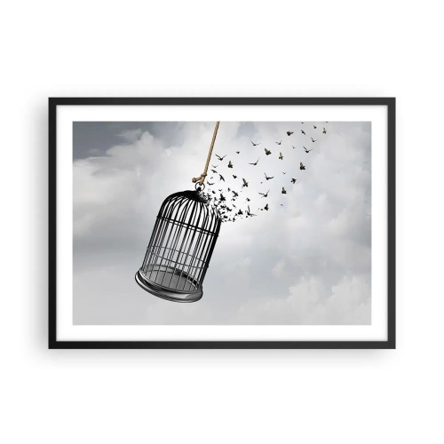 Affiche dans un cadre noir - Poster - Des oiseaux s'envolent d'une cage dans le ciel - 70x50cm - Foie...Espoir...Liberté! - Décoration murale moderne pour le salon et la chambre ARTTOR
