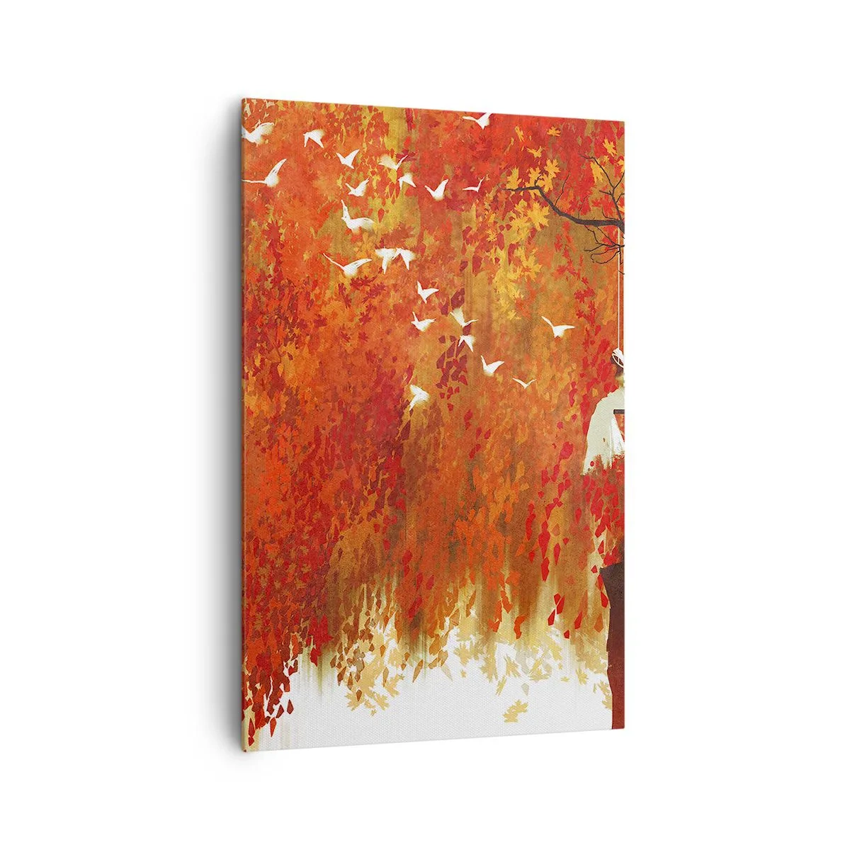 Impression sur toile - Image sur toile - Une silhouette sur une balançoire près d'un arbre entouré de feuilles rouges - 80x120cm - S'envolera-t-il avec eux ? - Décoration murale moderne pour le salon et la chambre ARTTOR