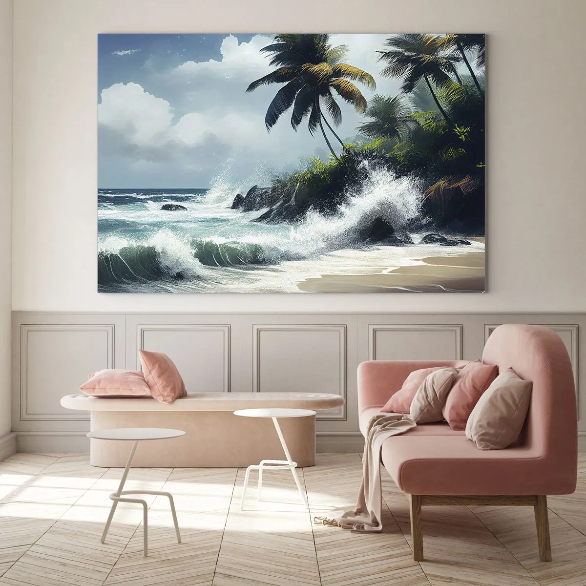 Impression sur verre - Image sur verre - Vagues s'écrasant contre les rochers près des palmiers sur une plage tropicale - 100x70cm - Sur une côte tropicale - Décoration murale moderne pour le salon et la chambre ARTTOR