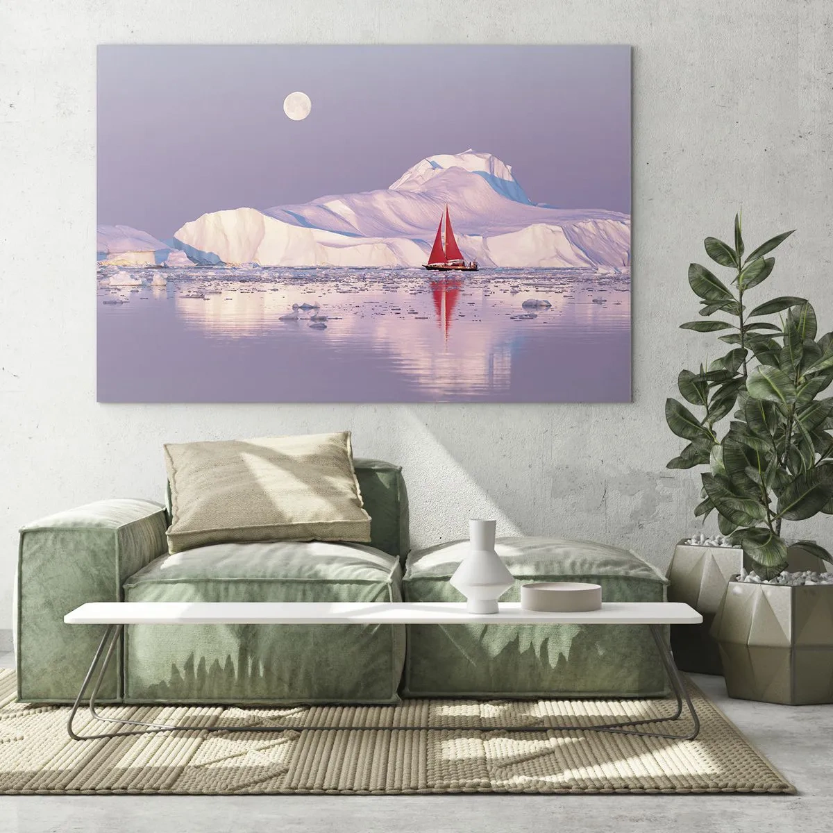 Impression sur verre - Image sur verre - Un voilier sur fond de glaciers au clair de lune - 100x70cm - La chaleur de la voile, le froid de la glace - Décoration murale moderne pour le salon et la chambre ARTTOR
