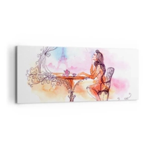 Impression sur toile - Image sur toile - Aquarelle romantique d'une femme dans un café surplombant une tour - 120x50cm - Le chic parisien - Décoration murale moderne pour le salon et la chambre ARTTOR