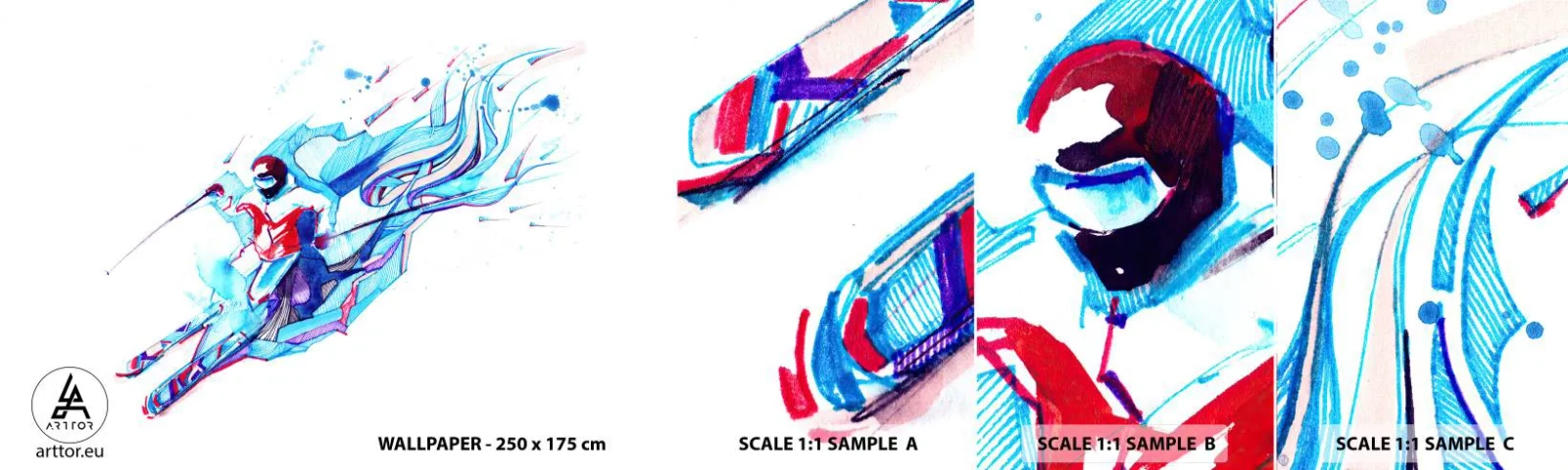 Échantillon De Papier Peint Standard Eco - Ruée folle vers la joie - Abstraction, des skis, Skieur - 100x30 cm
