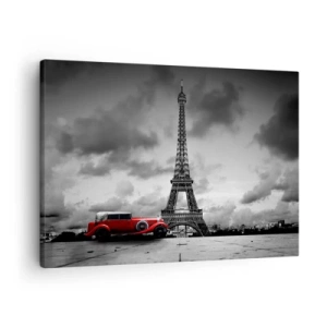 Impression sur toile - Image sur toile - Voiture rétro rouge devant la Tour Eiffel en noir et blanc - 70x50cm - Il n'y a pas si longtemps à Paris - Décoration murale moderne pour le salon et la chambre ARTTOR