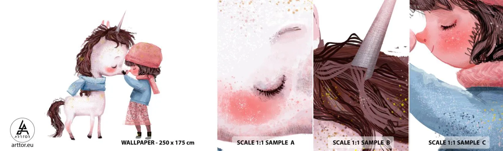 Échantillon de Papier Peint Autocollant Deluxe Sticker - Histoire d'hiver - Pour les enfants, Licorne, Fille - 100x30 cm