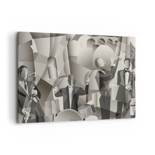 Impression sur toile - Image sur toile - Scène abstraite avec des musiciens de jazz dans des tons de gris. - 100x70cm - Dans l'espace des sons - Décoration murale moderne pour le salon et la chambre ARTTOR