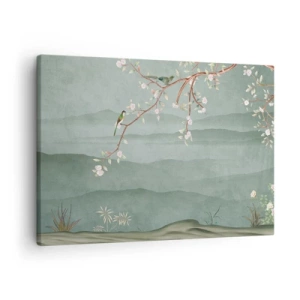 Impression sur toile - Image sur toile - Une image pittoresque d'une branche d'arbre en fleurs avec des oiseaux sur fond de collines verdoyantes. - 70x50cm - Printemps oh c'est toi - Décoration murale moderne pour le salon et la chambre ARTTOR
