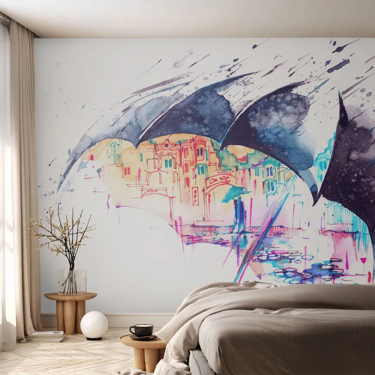 Papier Peint Photo Premium Canvas - Une ville colorée cachée sous des parapluies abstraits - 100x70cm - Se promener sous la pluie - Décoration murale moderne pour le salon et la chambre ARTTOR