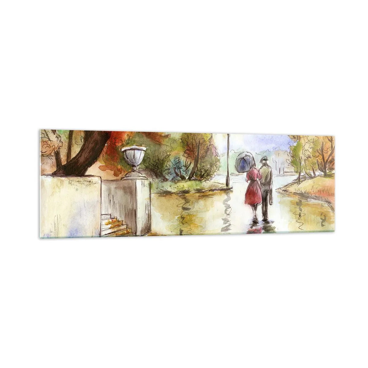 Impression sur verre - Image sur verre - Une promenade dans le parc d'automne avec un parapluie - 160x50cm - Automne romantique dans le parc - Décoration murale moderne pour le salon et la chambre ARTTOR
