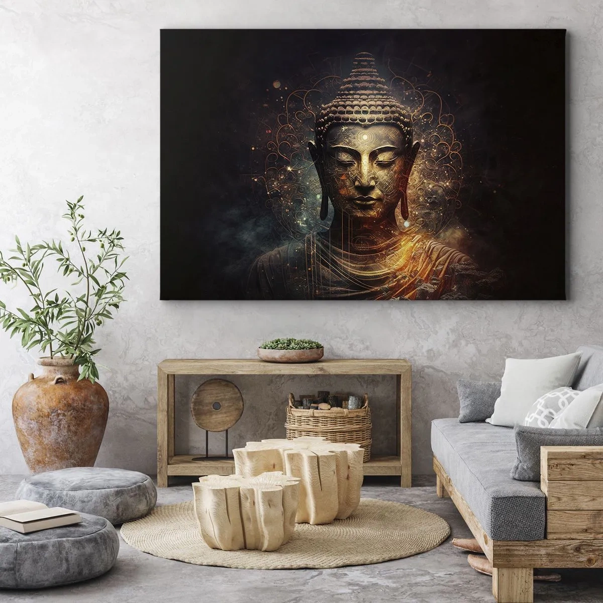 Impression sur toile - Image sur toile - Bouddha doré sur fond sombre avec ornements - 120x80cm - Équilibre spirituel - Décoration murale moderne pour le salon et la chambre ARTTOR