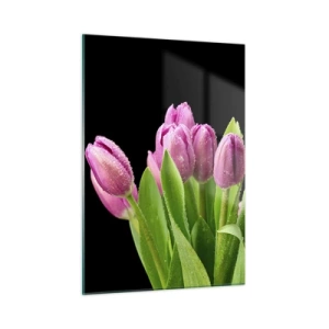 Impression sur verre - Image sur verre - Un bouquet de tulipes roses recouvertes de gouttes d'eau sur fond noir. - 50x70cm - Joie printanière des lilas - Décoration murale moderne pour le salon et la chambre ARTTOR
