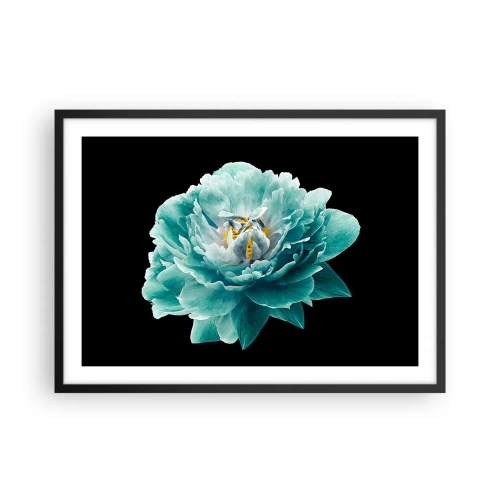 Affiche dans un cadre noir - Poster - Fleur de pivoine turquoise sur fond noir - 70x50cm - Pétales bleus et dorés - Décoration murale moderne pour le salon et la chambre ARTTOR