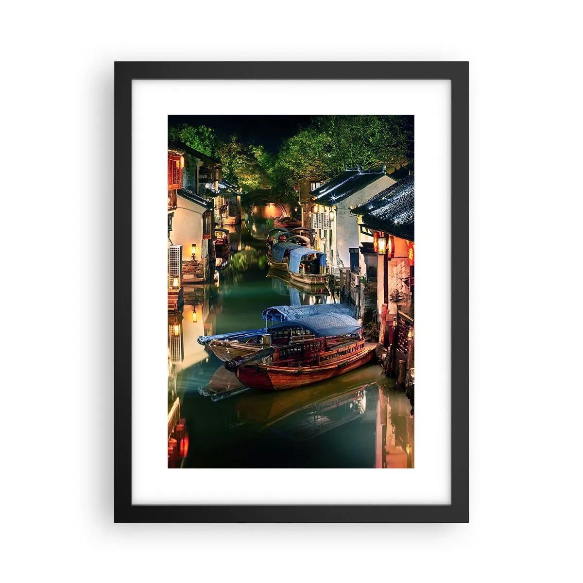 Affiche dans un cadre noir - Poster - Soirée dans une rue chinoise - 30x40 cm