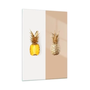 Impression sur verre - Image sur verre - Un ananas tranché et doré sur deux fonds contrastés - 50x70cm - Ananas pour nous - Décoration murale moderne pour le salon et la chambre ARTTOR