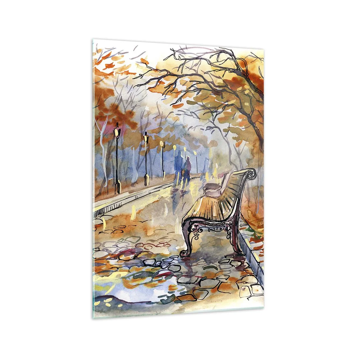 Impression sur verre - Image sur verre - Un parc d'automne avec un banc à l'aquarelle - 70x100cm - Errer ensemble à l'automne - Décoration murale moderne pour le salon et la chambre ARTTOR