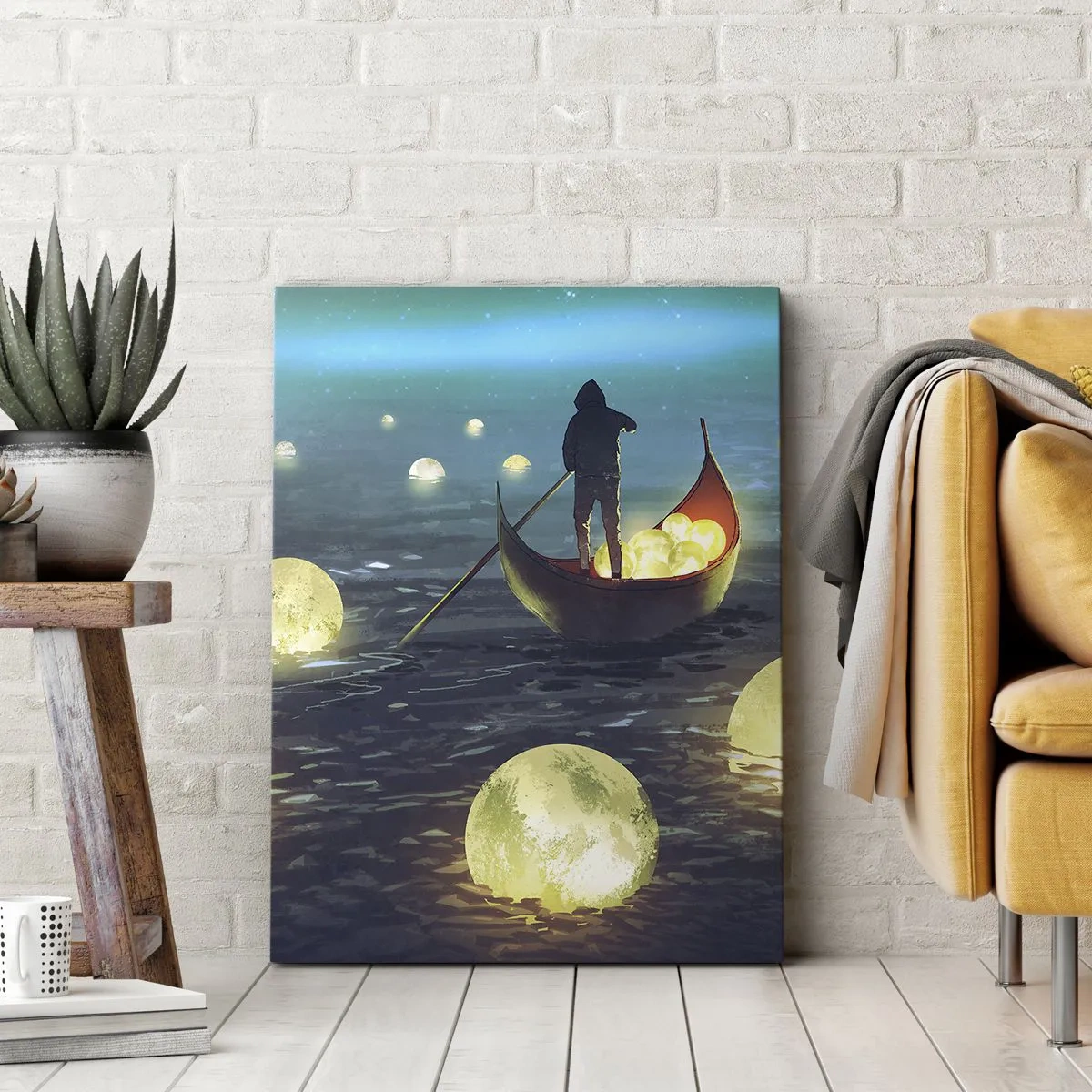 Impression sur toile - Image sur toile - Une silhouette dans un bateau entourée de boules lumineuses sur l'eau - 80x120cm - Des choses dont les philosophes n'ont jamais rêvé - Décoration murale moderne pour le salon et la chambre ARTTOR