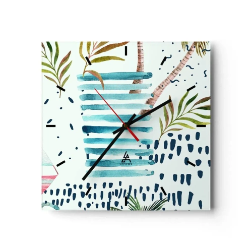 Horloge murale - Pendule murale - Motif abstrait avec des palmiers et des accents nautiques - 30x30cm - Des vacances sous les palmiers - Décoration murale moderne pour le salon et la chambre ARTTOR