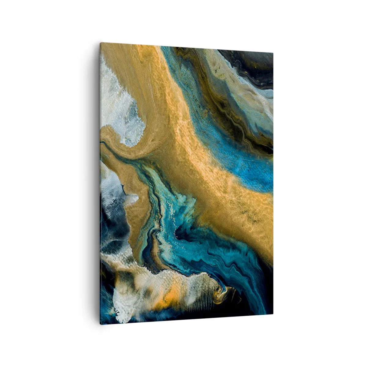 Impression sur toile - Image sur toile - Vagues abstraites dans des tons d'or et de bleu - 70x100cm - Bleu - jaune - influences mutuelles - Décoration murale moderne pour le salon et la chambre ARTTOR