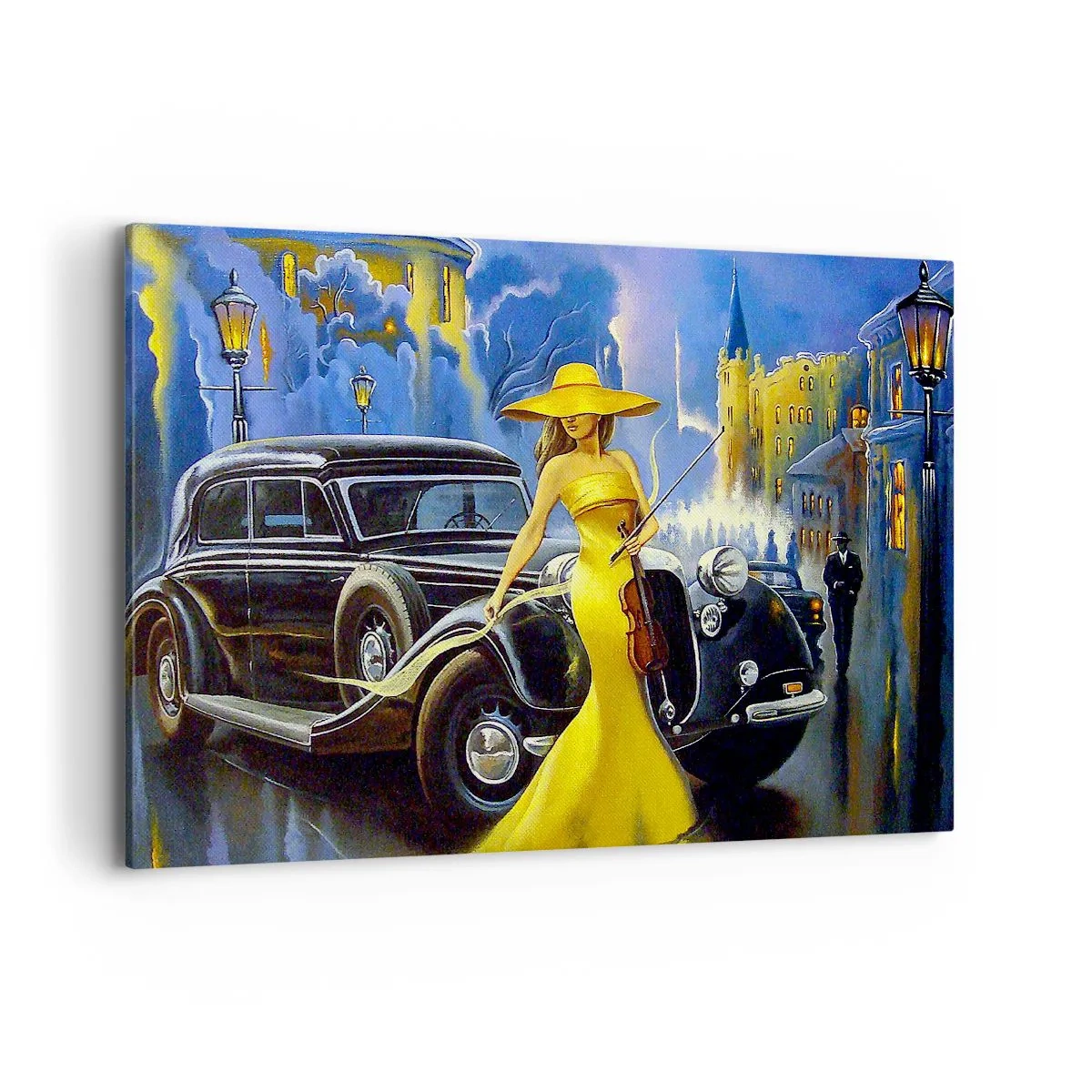 Impression sur toile - Image sur toile - Une femme en robe jaune avec un violon à côté d'une voiture rétro. - 120x80cm - Nocturne pour violon et amour - Décoration murale moderne pour le salon et la chambre ARTTOR