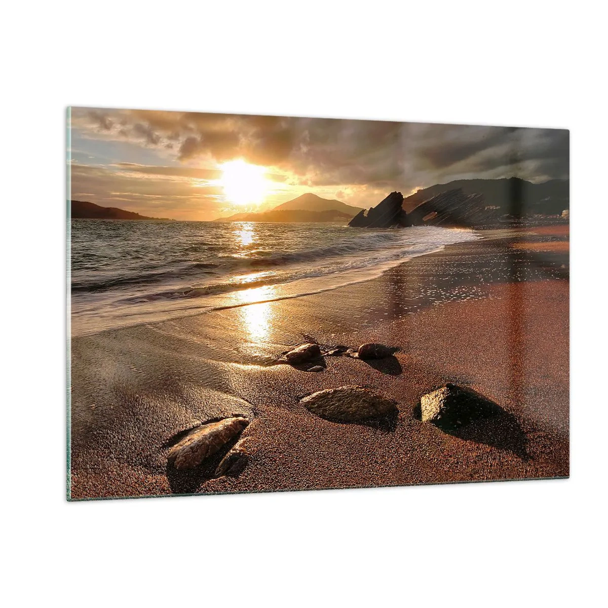 Impression sur verre - Image sur verre - Coucher de soleil sur une plage rocheuse et des collines - 120x80cm - Suivez le soleil sur les collines - Décoration murale moderne pour le salon et la chambre ARTTOR