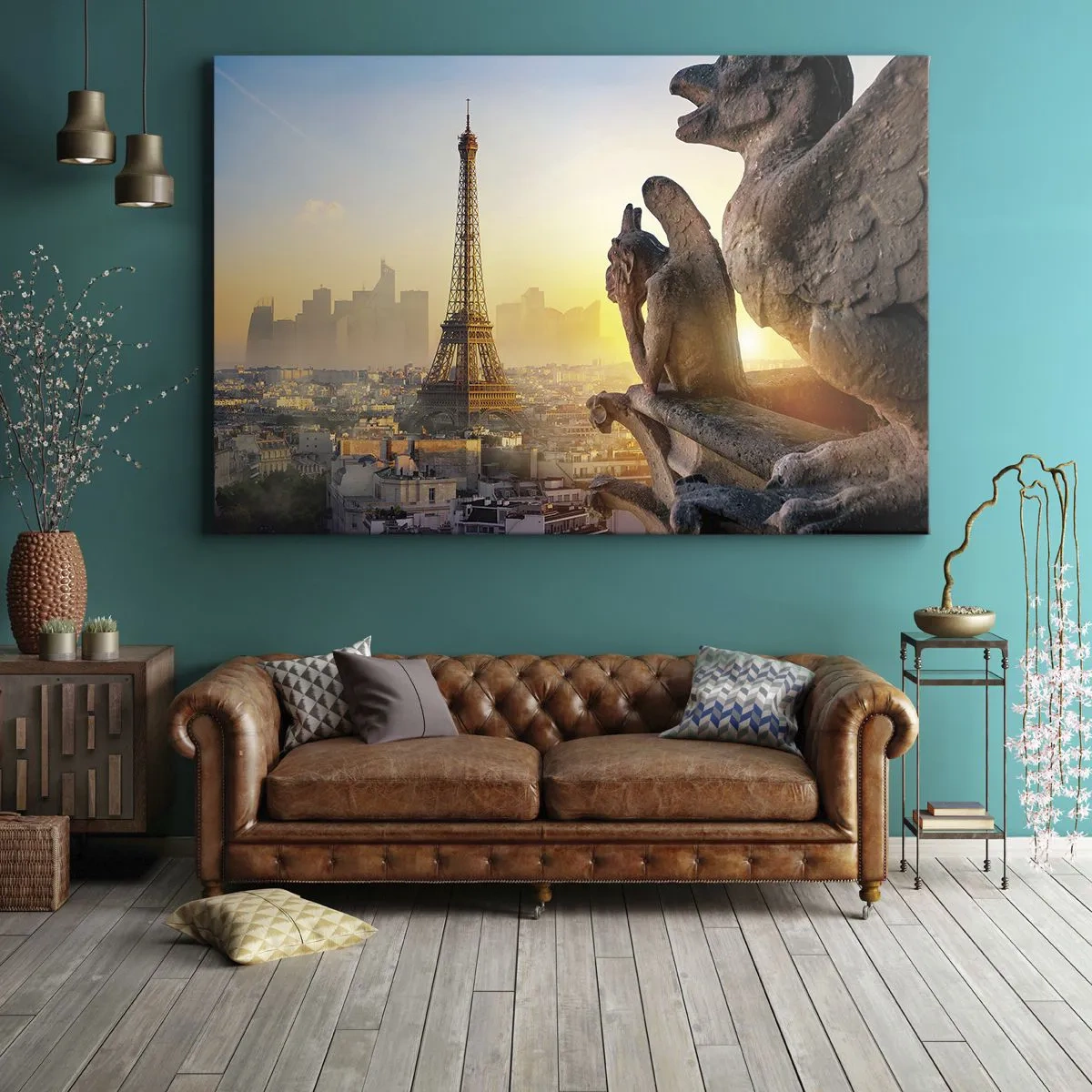Impression sur toile - Image sur toile - Vue de la Tour Eiffel avec des gargouilles en arrière-plan - 100x70cm - Tellement de choses ont changés... - Décoration murale moderne pour le salon et la chambre ARTTOR