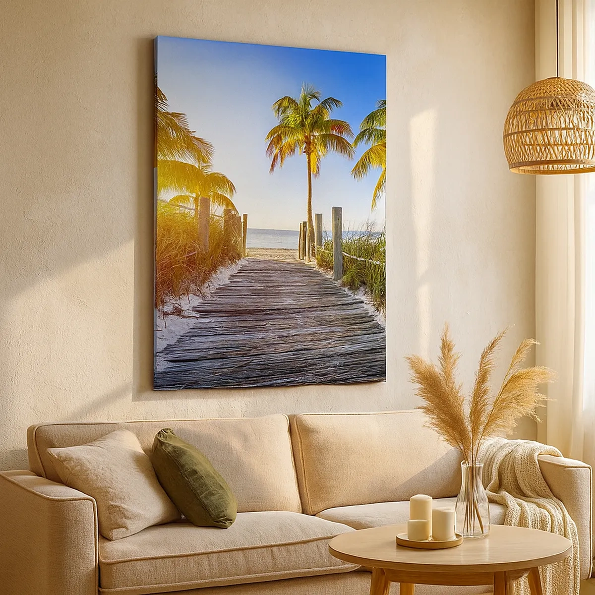 Impression sur toile - Image sur toile - Chemin en bois sur la plage avec des palmiers en arrière-plan - 50x70cm - Directement au paradis - Décoration murale moderne pour le salon et la chambre ARTTOR