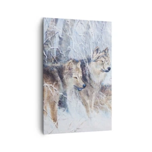 Impression sur toile - Image sur toile - Loups dans une forêt hivernale sur fond de neige - 80x120cm - Attention! Ca arrive ... - Décoration murale moderne pour le salon et la chambre ARTTOR
