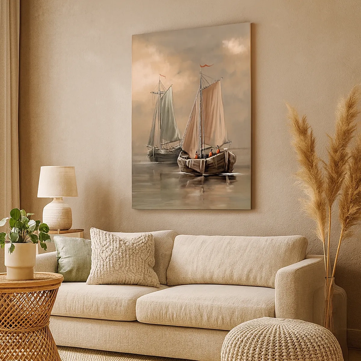 Impression sur toile - Image sur toile - Voiliers sur une mer calme dans un décor pastel - 50x70cm - Le retour des marins - Décoration murale moderne pour le salon et la chambre ARTTOR