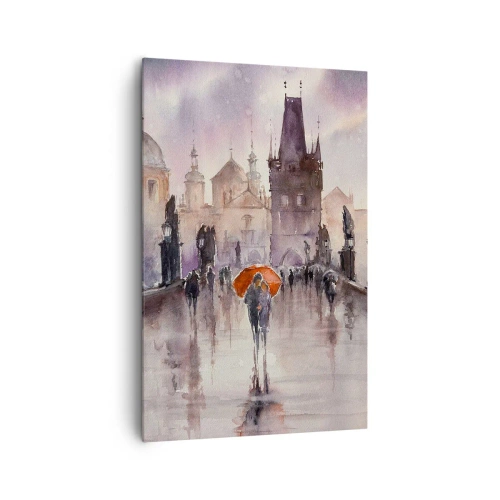 Impression sur toile - Image sur toile - Vue romantique d'un pont avec un parapluie sur fond de ville en soirée - 80x120cm - Les gens ne changent pas - Décoration murale moderne pour le salon et la chambre ARTTOR