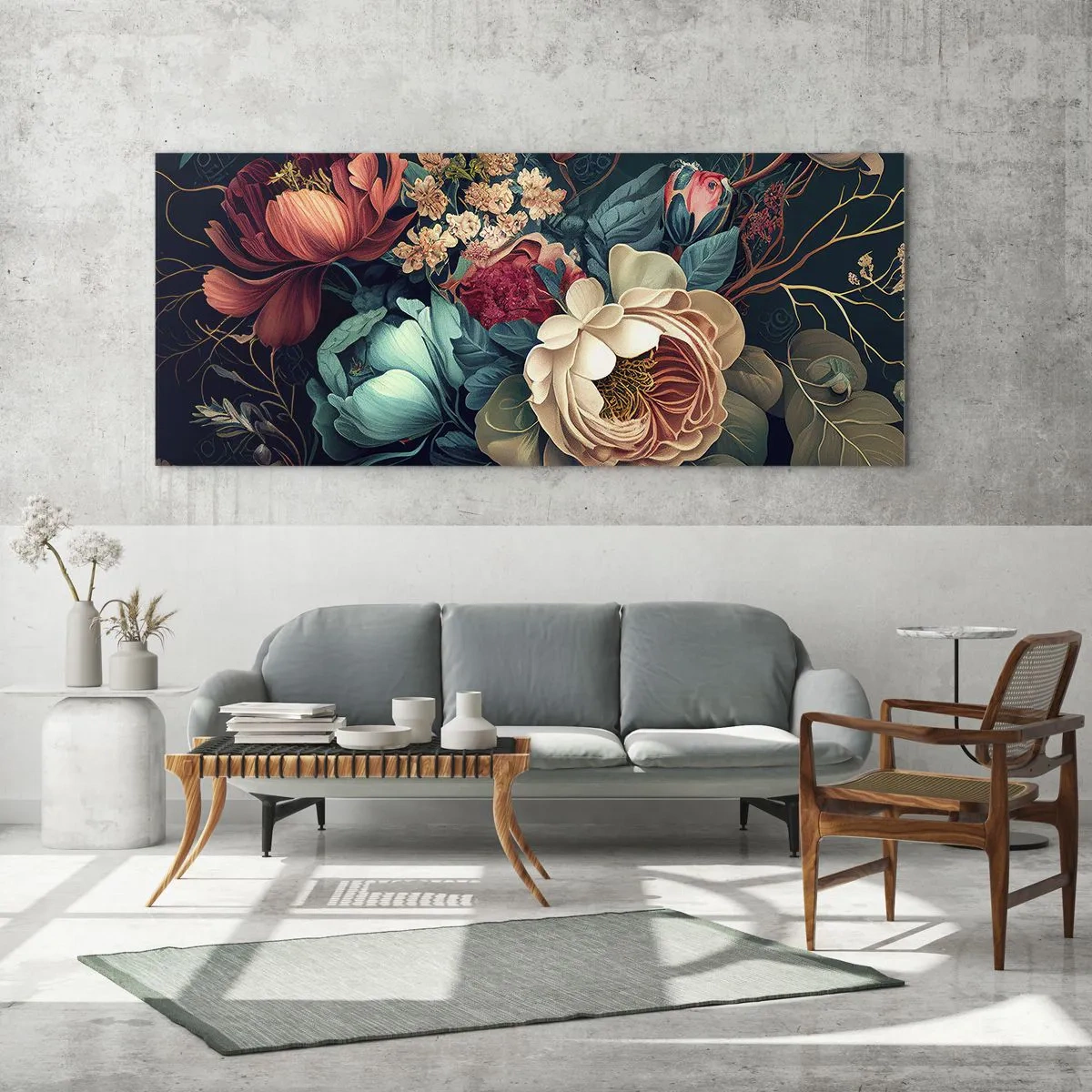 Impression sur verre - Image sur verre - Une composition colorée de fleurs sur un fond sombre - 120x50cm - le charme du 19ème siècle - Décoration murale moderne pour le salon et la chambre ARTTOR