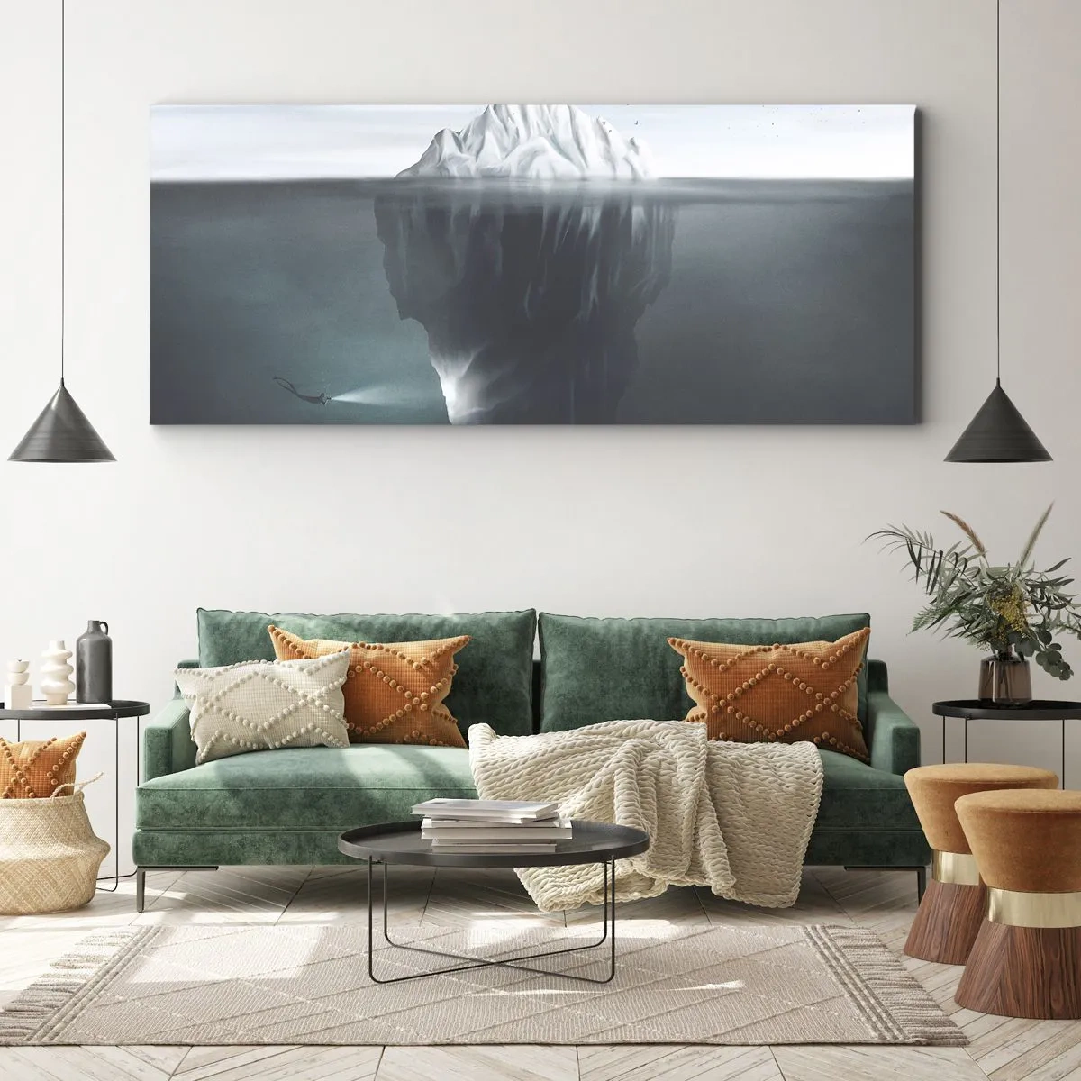 Impression sur toile - Image sur toile - Un iceberg dans l'eau avec un plongeur et un projecteur sous la surface. - 120x50cm - Mystère sous-marin - Décoration murale moderne pour le salon et la chambre ARTTOR