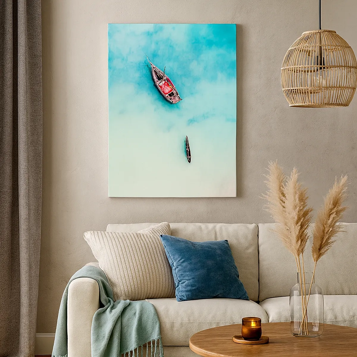 Impression sur toile - Image sur toile - Bateaux sur l'eau turquoise vus à vol d'oiseau - 50x70cm - Car sur les plages de Zanzibar, quand il y a un débordement d'eau... - Décoration murale moderne pour le salon et la chambre ARTTOR