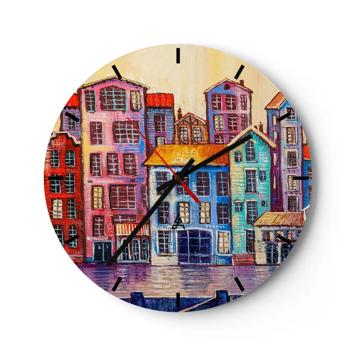 Horloge murale - Pendule murale - Des immeubles colorés se reflètent dans l'eau dans le style impressionniste - 30x30cm - Une ville comme dans un conte de fées - Décoration murale moderne pour le salon, la cuisine et la chambre ARTTOR