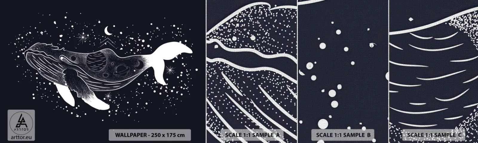 Échantillon de Papier Peint Premium Canvas - Dans l'océan de l'univers - Abstraction, Baleine, Noir et blanc - 100x30 cm