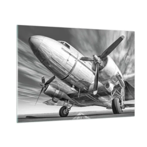 Impression sur verre - Image sur verre - Un avion à hélice noir et blanc sur la piste - 100x70cm - Toujours prêt à voler - Décoration murale moderne pour le salon et la chambre ARTTOR