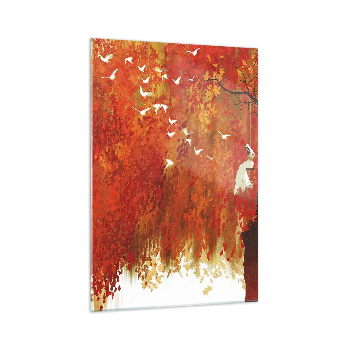 Impression sur verre - Image sur verre - Une silhouette sur une balançoire près d'un arbre entouré de feuilles rouges - 70x100cm - S'envolera-t-il avec eux ? - Décoration murale moderne pour le salon et la chambre ARTTOR