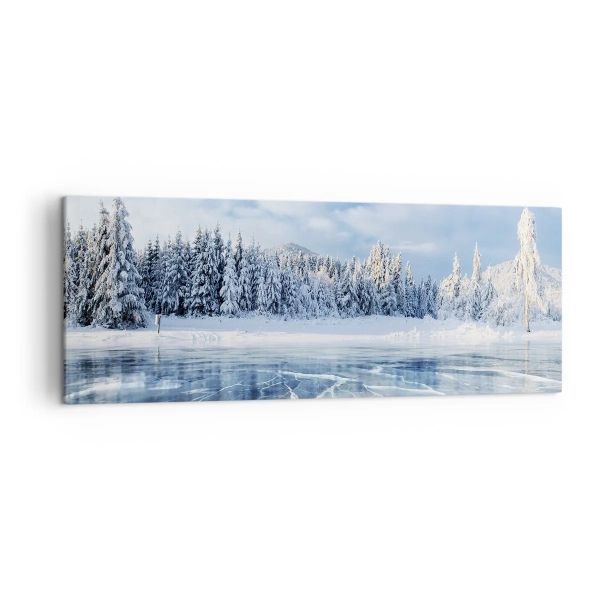 Impression sur toile - Image sur toile - Un lac gelé entouré d'une forêt enneigée - 140x50cm - Vue éblouissante et cristalline - Décoration murale moderne pour le salon et la chambre ARTTOR