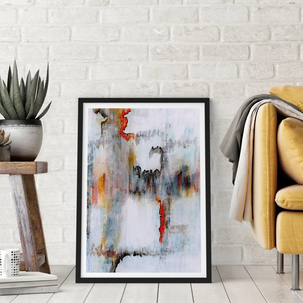 Affiche dans un cadre noir - Poster - Une composition abstraite avec des nuances de gris et des accents rouges. - 50x70cm - Un bâton sur l'eau - Décoration murale moderne pour le salon et la chambre ARTTOR