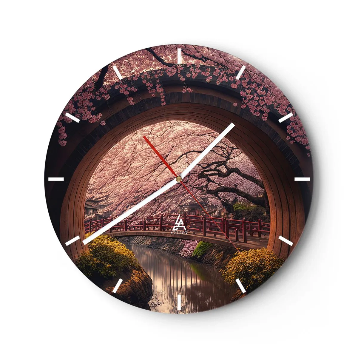 Horloge murale - Pendule murale - Vue du pont de cerisiers en fleurs de style japonais à travers la porte ronde - 30x30cm - Printemps japonais - Décoration murale moderne pour le salon, la cuisine et la chambre ARTTOR