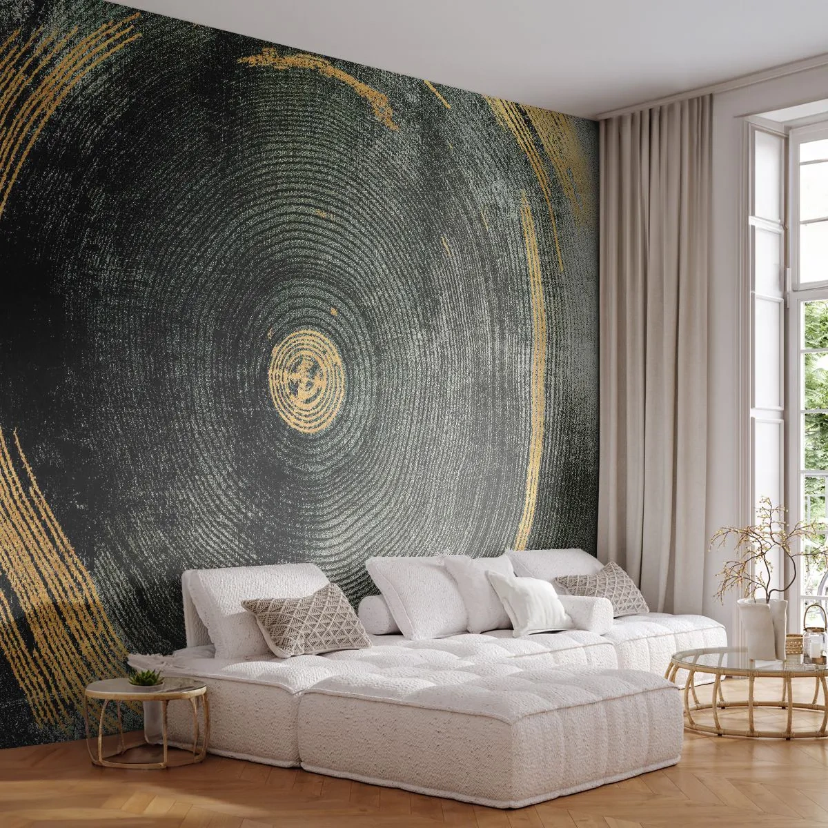 Papier Peint Photo Premium Sand - Grain de bois concentrique avec des accents dorés - 100x70cm - Changement et persistance - Décoration murale moderne pour le salon et la chambre ARTTOR