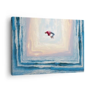 Impression sur toile - Image sur toile - Saut surréaliste au-dessus de la mer dans le cadre - 70x50cm - Vers une autre dimension - Décoration murale moderne pour le salon et la chambre ARTTOR