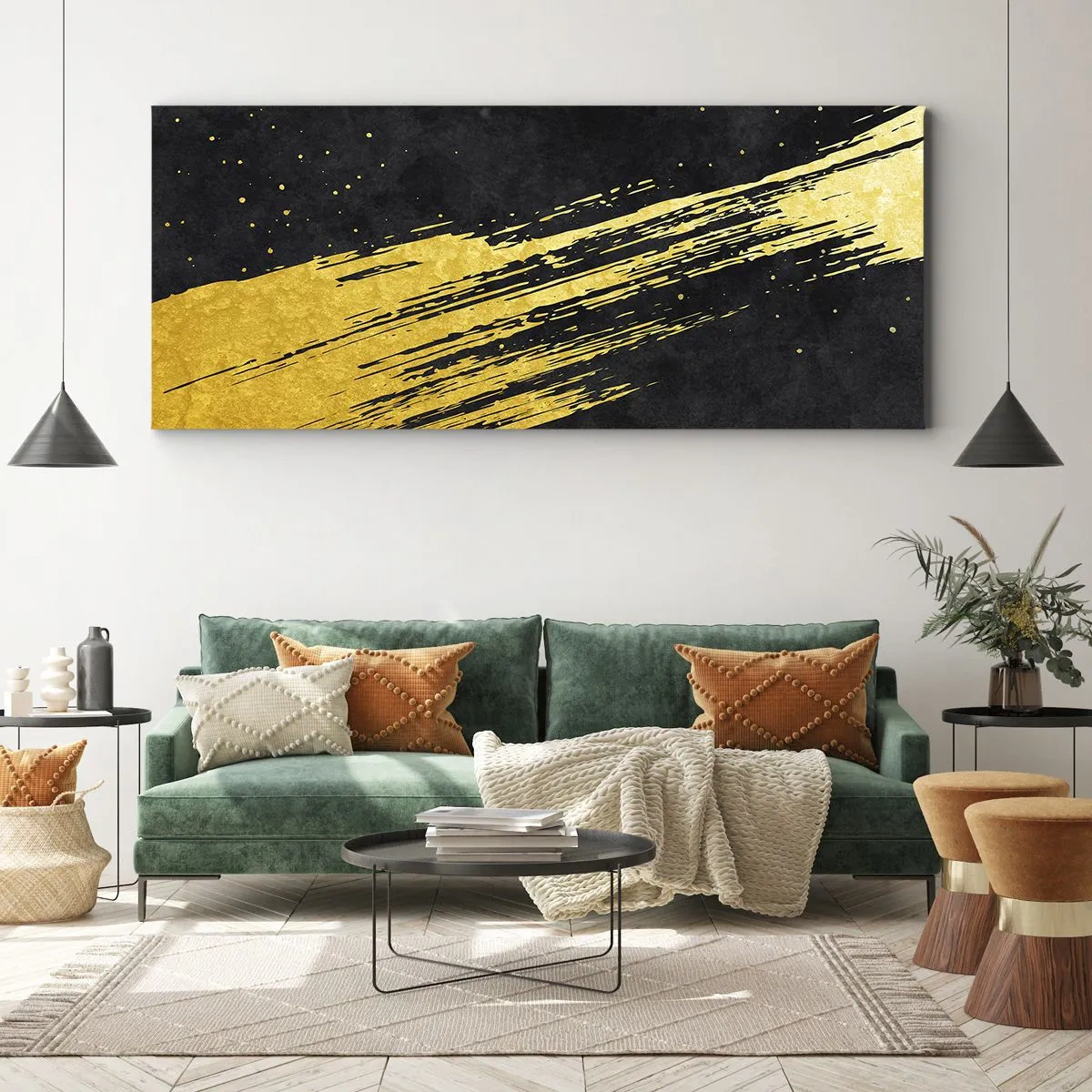 Impression sur toile - Image sur toile - Fond noir avec des coups de pinceau dorés dynamiques - 140x50cm - Sautez dans l'hyperespace - Décoration murale moderne pour le salon et la chambre ARTTOR