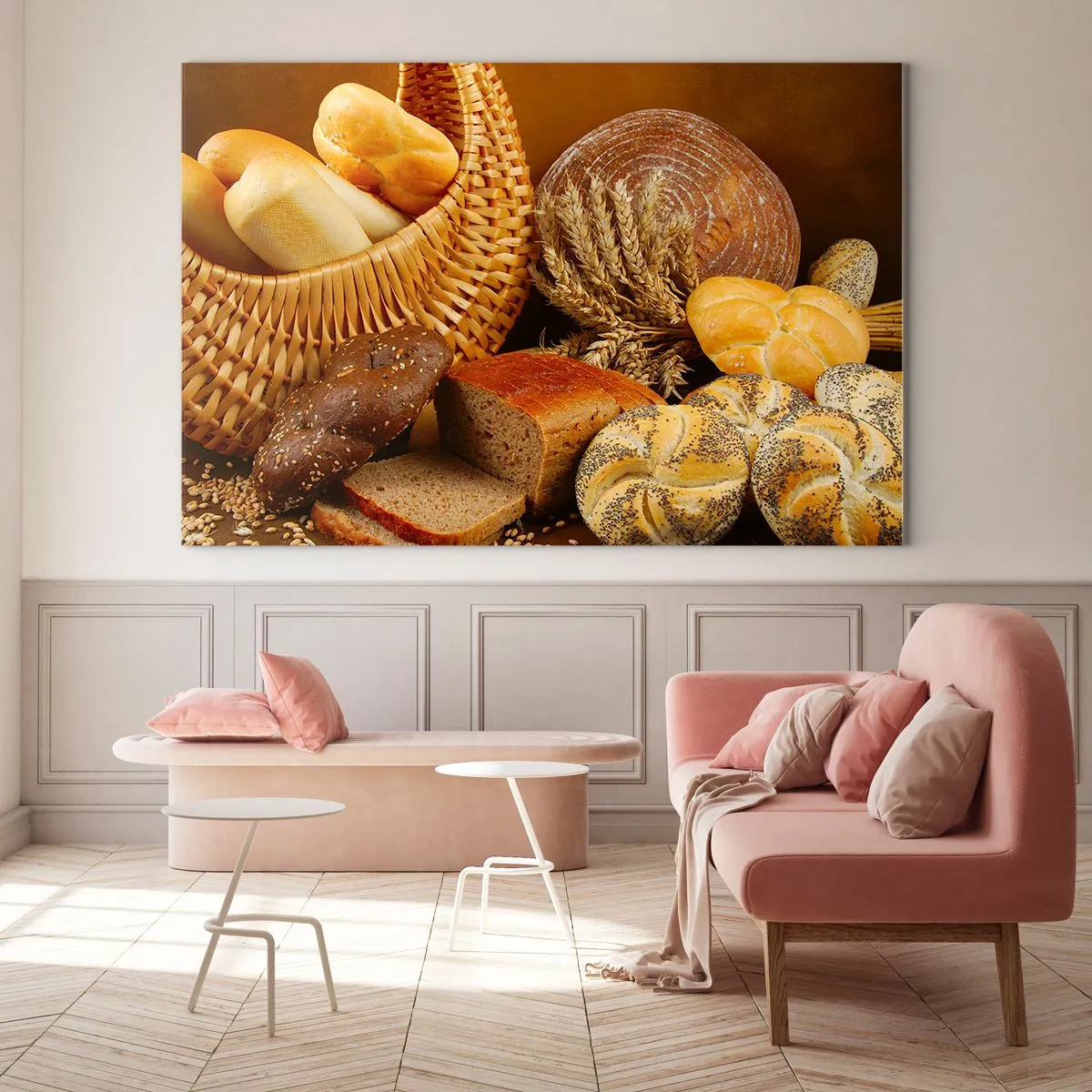 Impression sur verre - Image sur verre - Un panier de pain et de miches sur fond d'épis de céréales - 70x50cm - On s'en est encore sorti - Décoration murale moderne pour le salon et la chambre ARTTOR