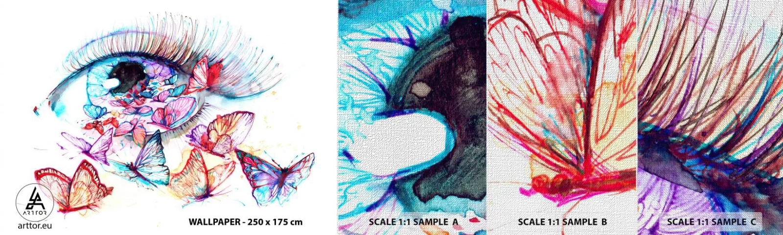 Échantillon de Papier Peint Premium Canvas - Charme des yeux de conte de fées - Oeil de femme, Papillon, Abstraction - 100x30 cm
