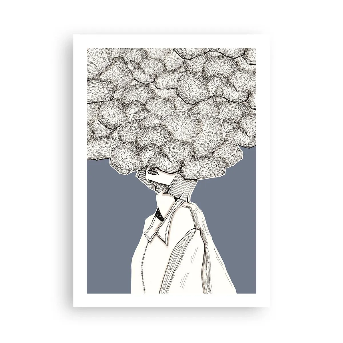 Affiche - Poster - Une figure avec un nuage au lieu d'une tête, stylisée dans des tons de gris. - 50x70cm - La tête dans les nuages - Décoration murale moderne pour le salon et la chambre ARTTOR
